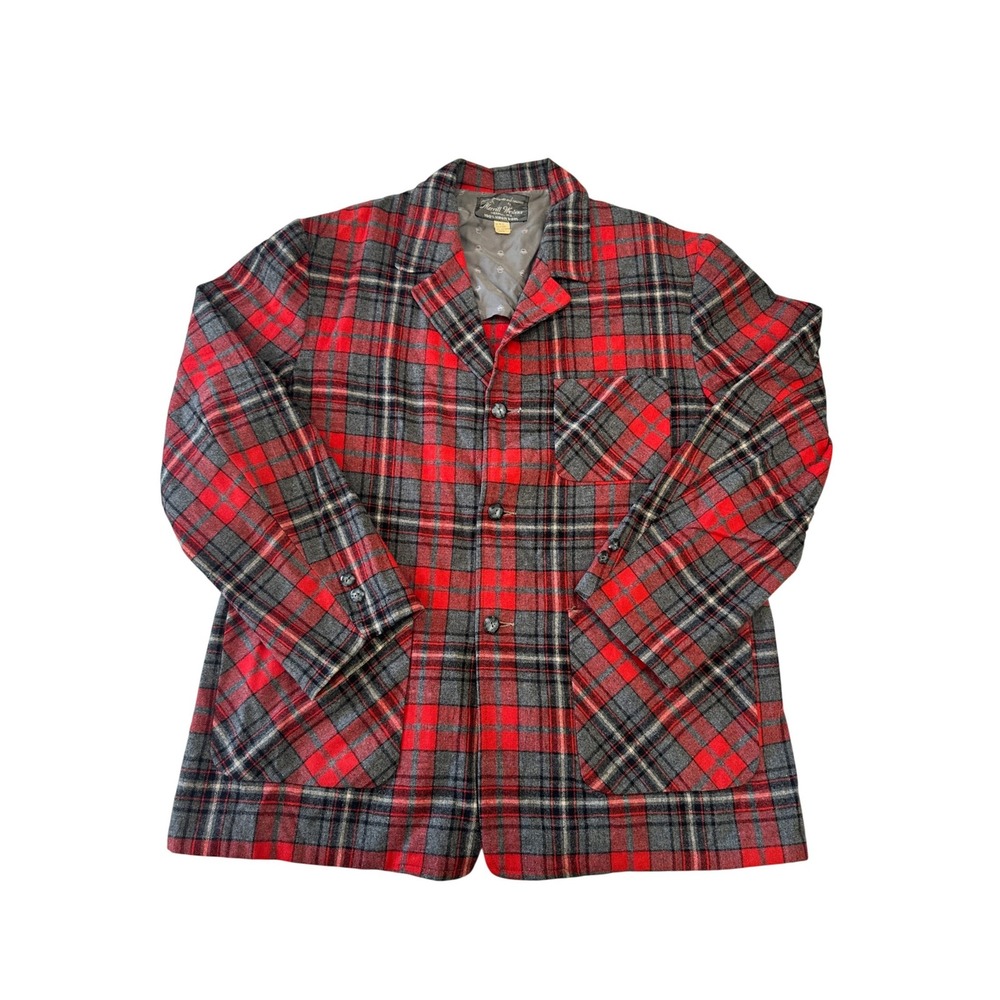 Vintage 40s 50s Merrill Woolens Red Grey Plaid Wool Jacket Shirt Mens Large